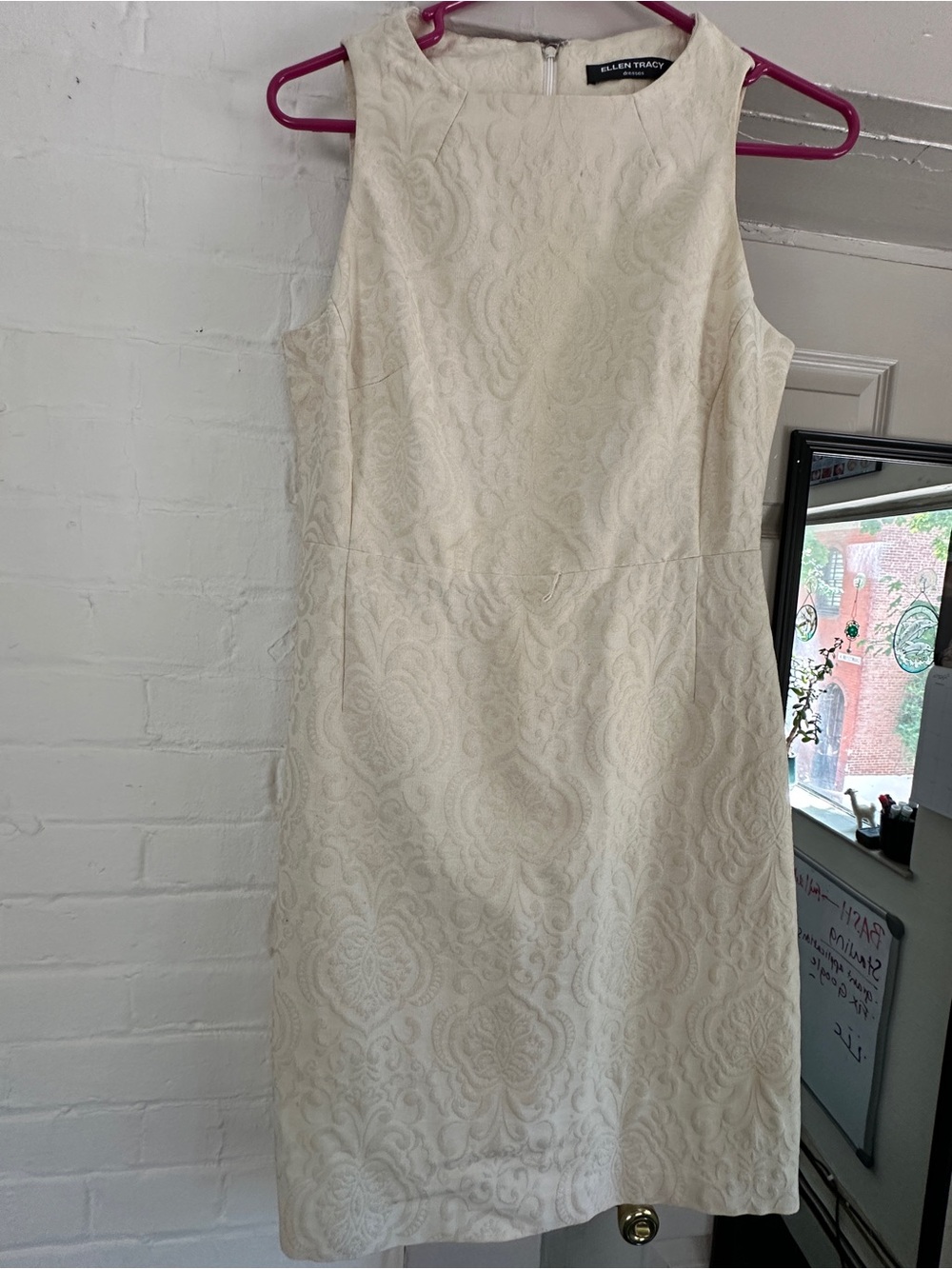 Ellen Tracy Cream Jacquard Sleeveless Sheath Dress